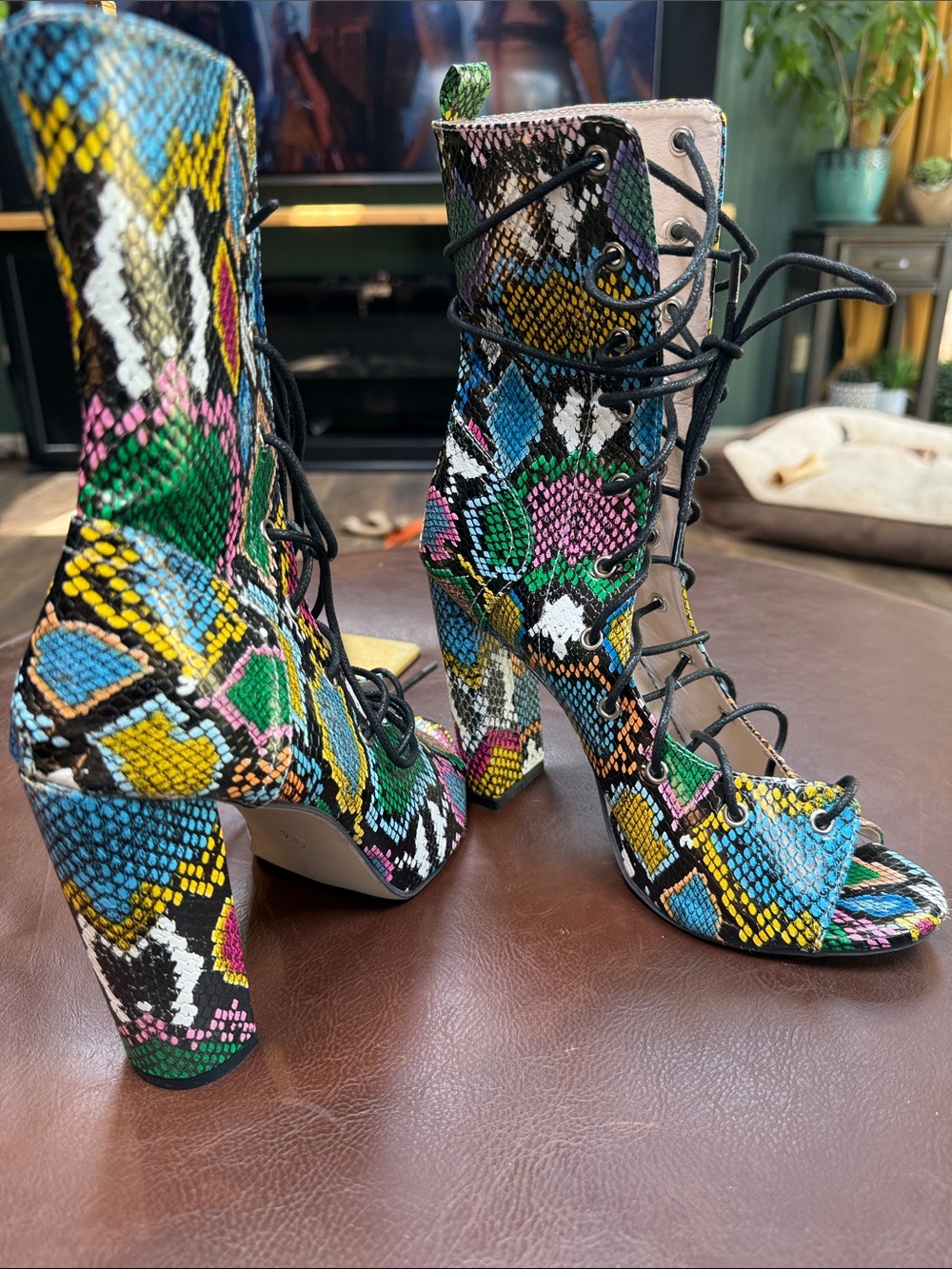 Lace-Up Multi-Color Snake Print Block Heel Sandals